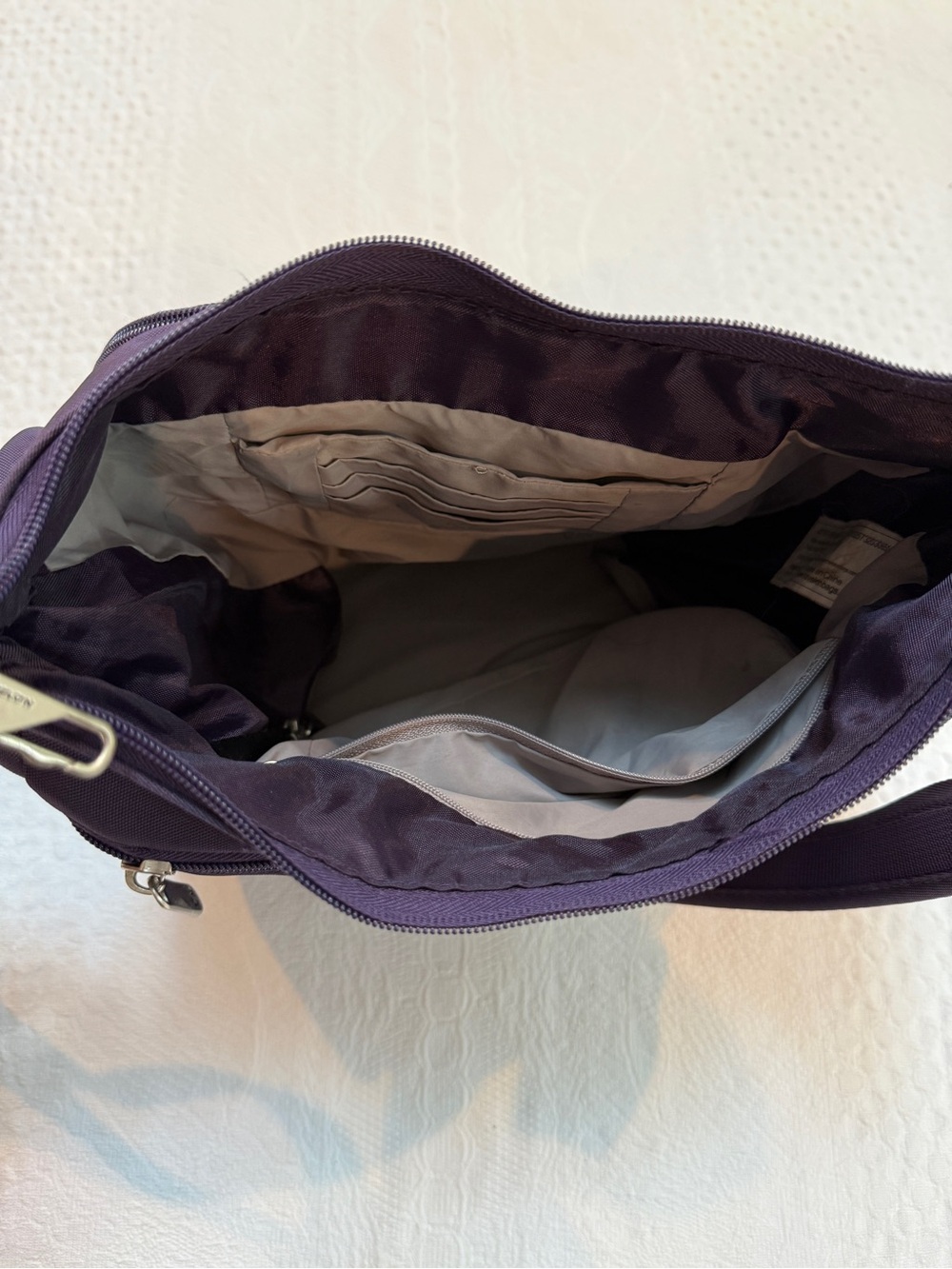 Travelon Anti-Theft Purple Poly Crossbody Bucket Tote Bag - Picture 4 of 7